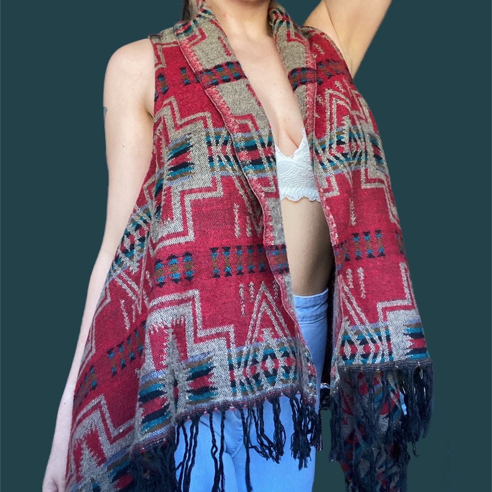 Aztec Fringe Fleece Cardigan Vest